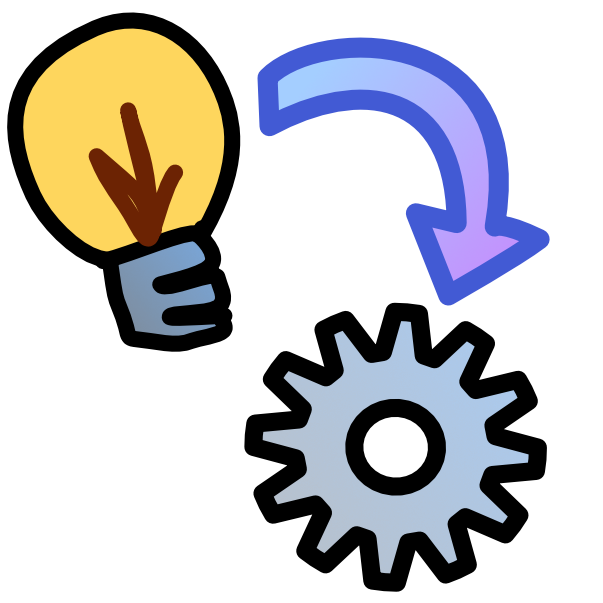 A yellow lightbulb in the top left corner, to the right of it is a blue and purple arrow pointing down to a grey gear 